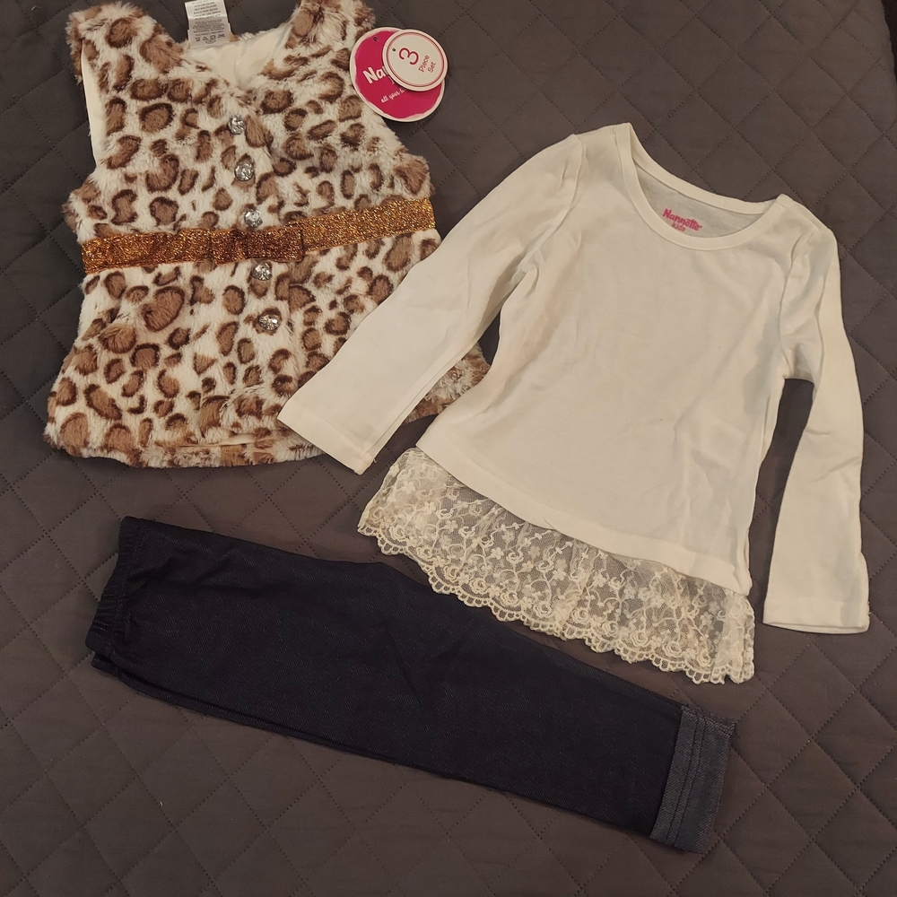 Nannette Leopard Print Vest and White Lace Long Sleeve Top And Leggings Set